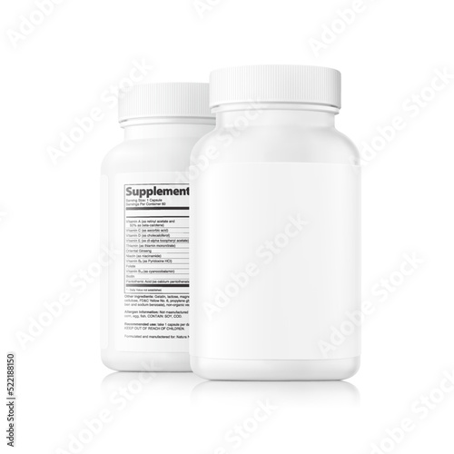 White bottle mockup. Front and rear view with sample text. Vector illustration isolated on white background. Perfect for medical, cosmetic, pharmacy products. EPS10.	
