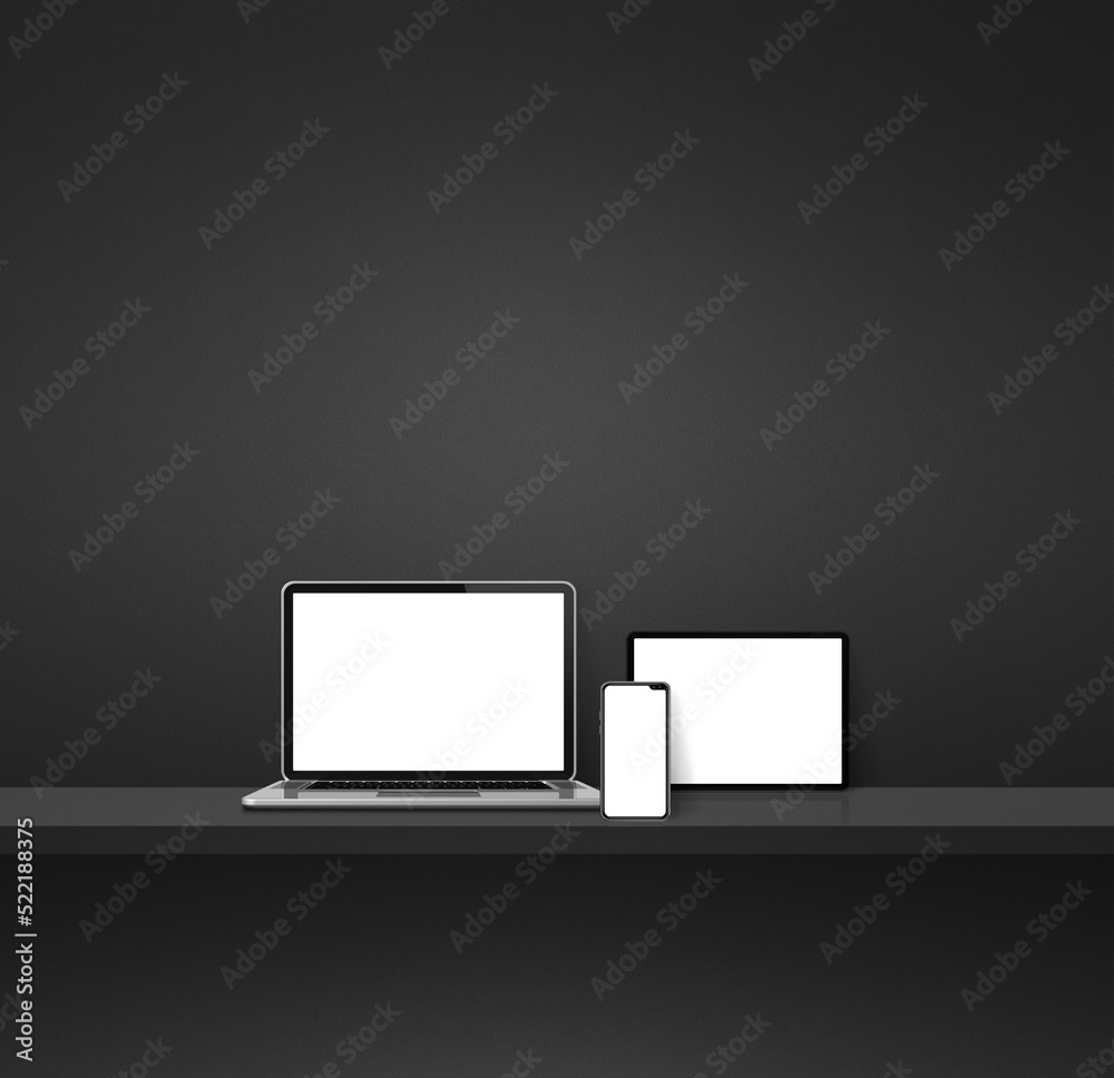 Laptop, mobile phone and digital tablet pc on black wall shelf. Square background Laptop, mobile phone and digital tablet pc on black wall shelf. Square background