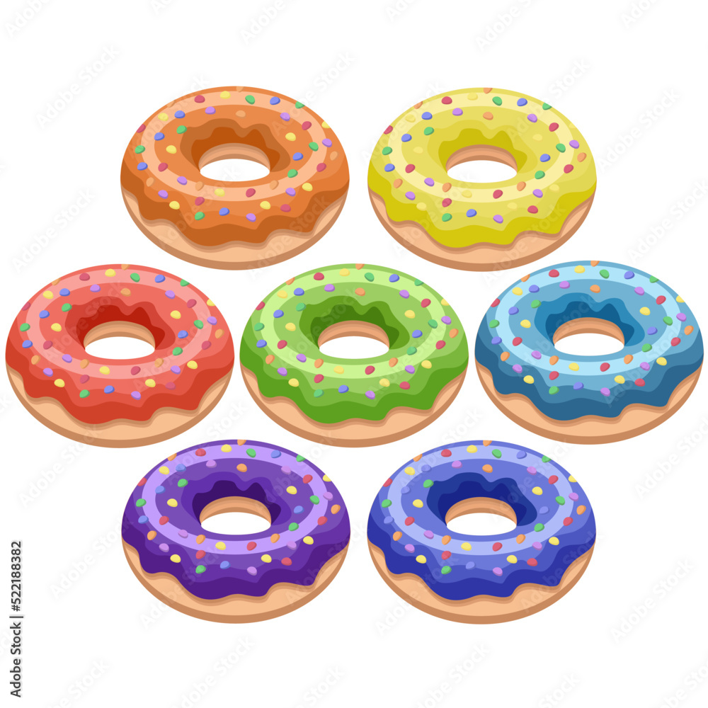 Delicious rainbow-colored donuts isolated on a white background. Baking collection.Vector illustration can be used in the menus of bakeries, restaurants,textiles. Delicious rainbow-colored donuts isolated on a white background. Baking collection.Vector illustration can be used in the menus of bakeries, restaurants,textiles.