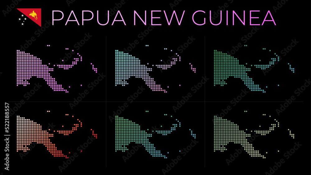 Fototapeta premium Papua New Guinea dotted map set. Map of Papua New Guinea in dotted style. Borders of the country filled with beautiful smooth gradient circles. Astonishing vector illustration.