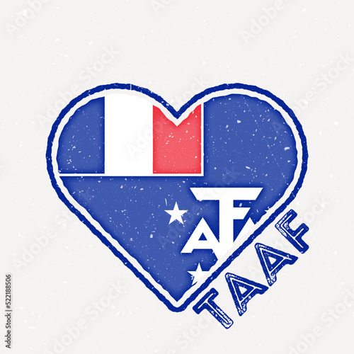 TAAF heart flag badge. TAAF logo with grunge texture. Flag of the country heart shape. Vector illustration. photo