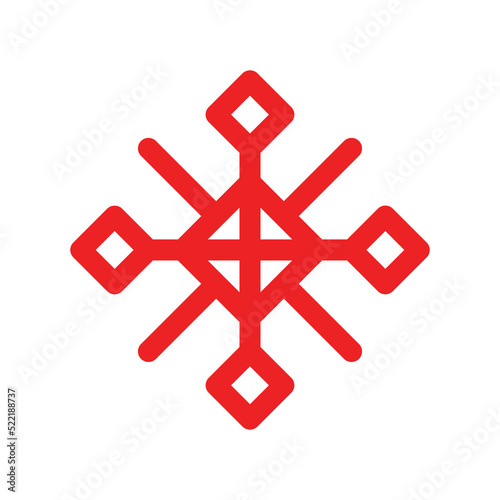 Vector isolated illustration with red geometric symbol of snowflake, sun or star. Simplified shape is ornamental element of Karelia and Finnish people. Decorative icon for traditional needlework