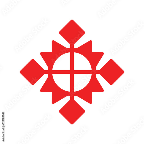 Vector isolated illustration with red geometric symbol of sun or flower. Simplified shape is ornamental element of Scandinavian people. Decorative icon for traditional fancywork