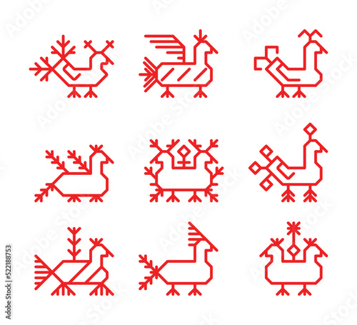 Vector isolated flat illustration with red simplified symbol of bird. Line shape is traditional ornamental element of Karelia and Finland nations. Decorative icon of hen for native embroidery