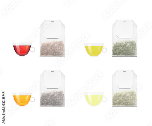 Set of tea bag with white label. Front view. Vector illustration isolated on white background. Ready for your design. EPS10.	