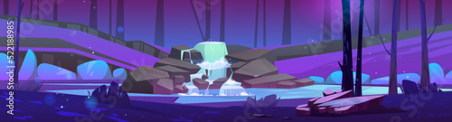 Summer forest with cascade waterfall at night. Nature panorama of dark woods landscape with water stream falls off stones, lake, trees trunks and bushes, vector cartoon illustration
