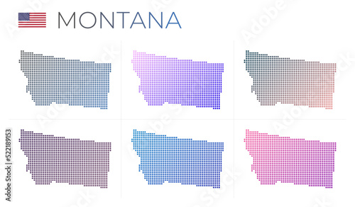Montana dotted map set. Map of Montana in dotted style. Borders of the us state filled with beautiful smooth gradient circles. Artistic vector illustration.