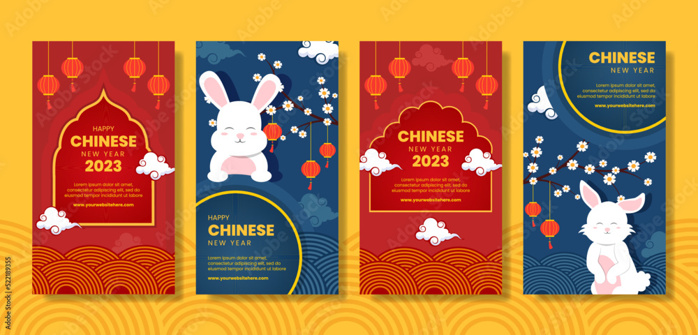 Happy Chinese New Year Social Media Stories Template Hand Drawn Cartoon Flat Illustration