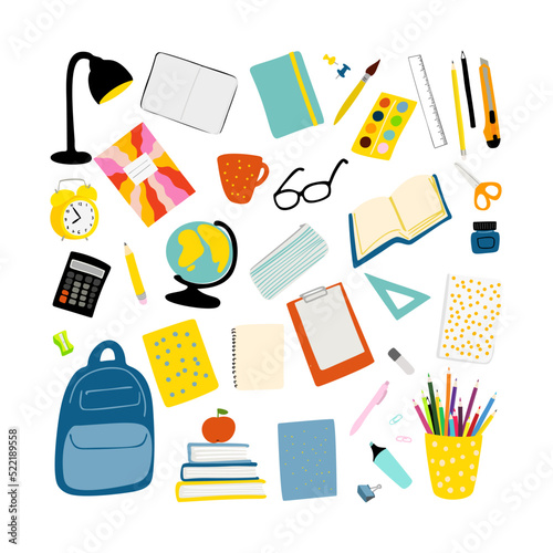 Back to school illustration with school stationery isolated on white background