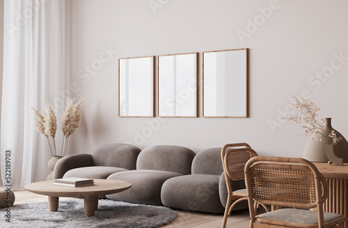 Minimal modern home design with warm furniture colors, poster frame mockup on bright interior background, 3d render 