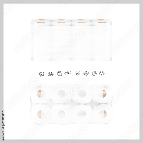 Eight kitchen towels package mockup with icons. Vector illustration isolated on white background. Front and up view. Can be use for template your design, presentation, promo, ad. EPS10.	