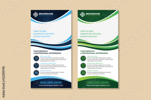 Green blue roll Up Banner template and infographics, stand design, advertisement, display, vector illustration. headline is learn to plan, prepare and develop smart business. white background.