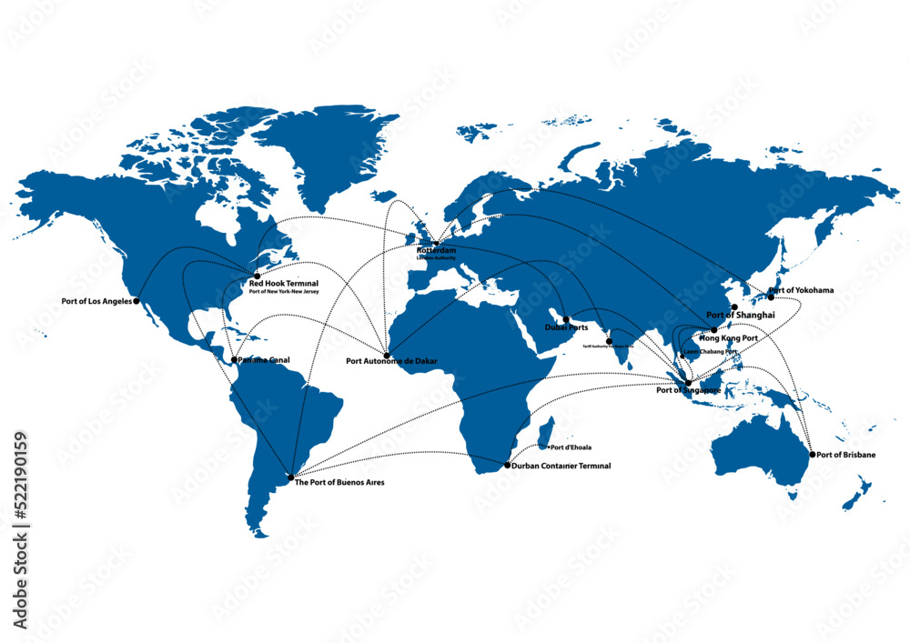 Global network coverage world map import-export of the busiest container port. International order concept. vector illustration.