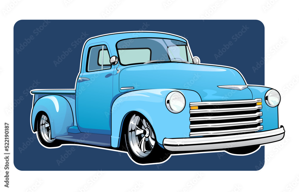 Vintage American truck, legendary pickup from the 1950s. American classic car. Vector illustration. Blue version - obrazy, fototapety, plakaty 