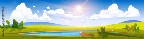Cartoon nature landscape day time. Pond at green field with bushes and blue sky with white clouds. Scenery background with lake, natural scene, Vector illustration