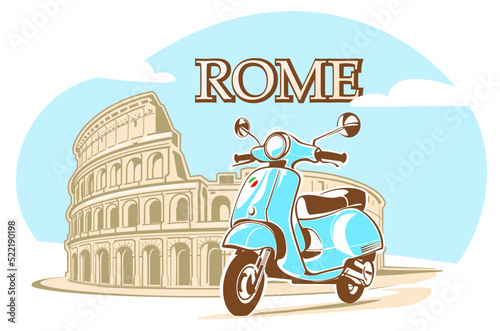 Rome, Roma, Colosseum landmark illustration and scooter. Vector illustration