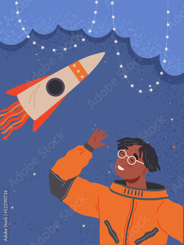 Astronaut travels in intergalactic space. Man on spaceship flies in solar system. Fantastic transport of explorer in space. Spaceman flying among rocket and stars. Sky landscape with celestial objects