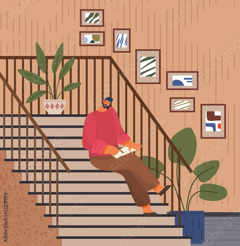 Man using smartphone in modern hallway. Businessman sits on staircase and works. Guy spends time with technology in corridor or hall of building. Male character making notes and talking on phone