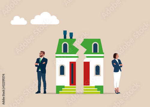 Divorce, property division. Vector illustration Home Ownership Concept. House, Arguing. Flat cartoon design.