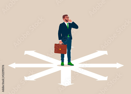 Businessman confused by direction signs. Business direction and choice concept. Decisions, Business cartoon character vector design.