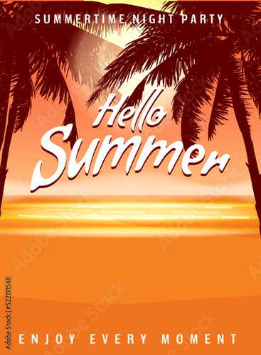 Hello Summer party background with palms, design template, flyer. Summertime poster