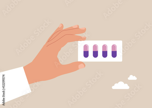 Medic in white clothes show medication. Healthcare specialist holding vitamin in hand. Prescription of doctor concept. Pharmacy, drug store, medicine. Health care vector illustration