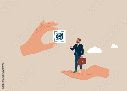 Vaccinated human holding in hand white square with qr code. Man or woman showing vaccination certificate. Digital or paper covid vaccine passport. Vector illustration of pass code. Person with qr-code