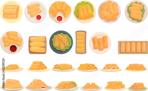 Spring roll icons set cartoon vector. Asia food. Cheese sauce