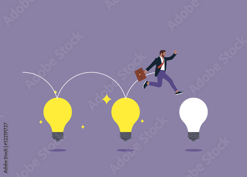 Businessman jumping on the light bulb. Bright light bulb concept. Flat vector illustration.