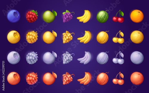 Color set of fruit icons for online casino app interface. Cartoon blueberry, ruspberry, apple, grape, banana, watermelon, cherry, orange illustration for slot machine game screen on background