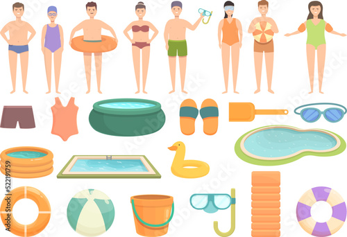 Childrens swimming pool icons set cartoon vector. Activity swimwear. Beach kid