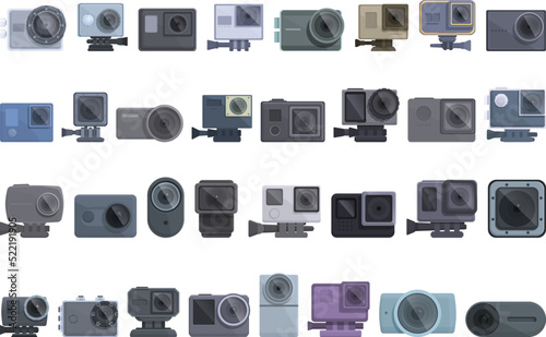 Camera go pro icons set cartoon vector. Action camera. 4k cam