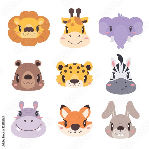 Fototapeta Naklejka Na Ścianę i Meble -  Cute animals, cartoon, vector, illustration, lion, giraffe, elephant, bear, Cheetah, zebra, hippopotamus, fox, rabbit