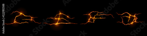 Lava in ground cracks, volcano magma orange glow in cracking holes, ruined land surface. Destruction, split, damage fissure effect after disaster isolated on black background. Realistic 3d vector set