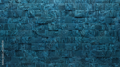 Square Tiles arranged to create a 3D wall. Blue Patina, Textured Background formed from Polished blocks. 3D Render