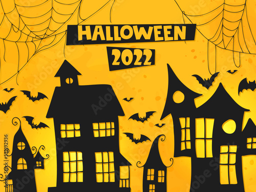 Halloween 2022 - October 31. Trick or treat. Vector hand-drawn doodle style. A postcard with houses, bats, cobwebs and lettering on an orange background with watercolor spots.