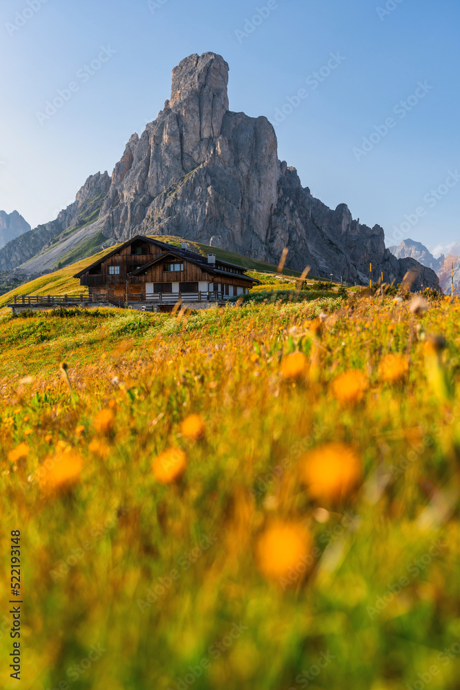 beautiful sunset scene summer of Dolomites Alps mountain landscape. Stunning Giau Pass - 2236m mountain pass in the province of Belluno in Italy