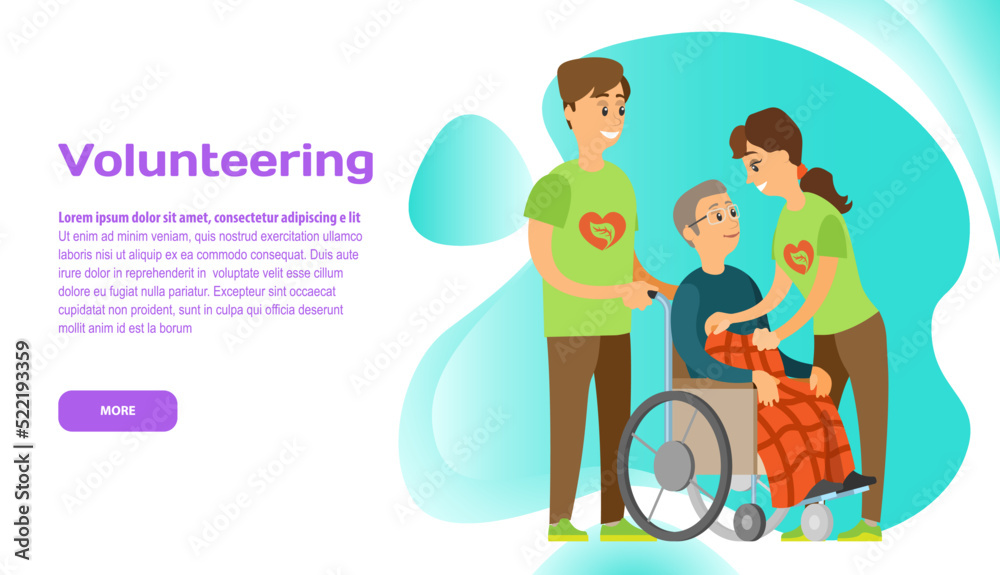 Volunteering online, help people with disabilities, assistance to orphans, caring to elderly people. Charity donation website landing page tamplate. Young people help an elderly man in wheelchair Volunteering online, help people with disabilities, assistance to orphans, caring to elderly people. Charity donation website landing page tamplate. Young people help an elderly man in wheelchair