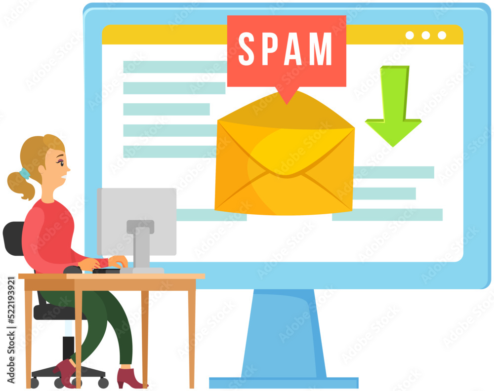 Spamming mailbox concept, email on screen of monitor. Email box hacking, spam warning concept. Virus enters computer, piracy, hacking and security. Woman receiving email with spam is terrified Spamming mailbox concept, email on screen of monitor. Email box hacking, spam warning concept. Virus enters computer, piracy, hacking and security. Woman receiving email with spam is terrified