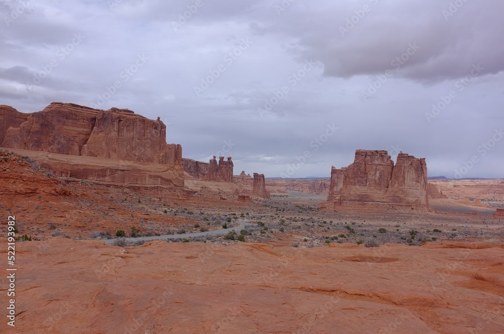 Photo of La Sal Mountains Viewpoint showing The Organ, Tower of Babel, Sheep Rock and Three Gossips in Arches National Park in Moab, Utah, United States in works project administration style.