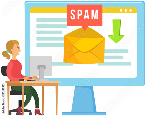 Spamming mailbox concept, email on screen of monitor. Email box hacking, spam warning concept. Virus enters computer, piracy, hacking and security. Woman receiving email with spam is terrified