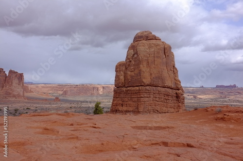 Photo of La Sal Mountains Viewpoint showing The Organ  Tower of Babel  Sheep Rock and Three Gossips in Arches National Park in Moab  Utah  United States in works project administration style.