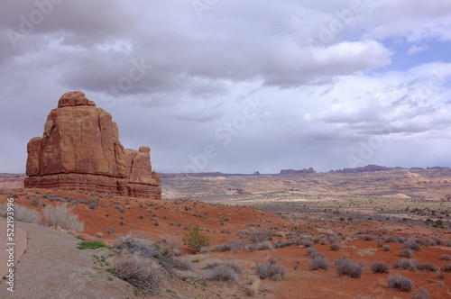Photo of La Sal Mountains Viewpoint showing The Organ  Tower of Babel  Sheep Rock and Three Gossips in Arches National Park in Moab  Utah  United States in works project administration style.