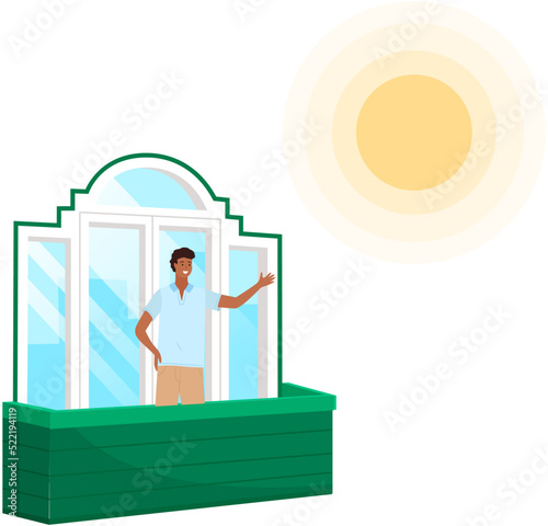 Indian man in blue shirt and light trousers stands on balcony. Young smiling male character isolated on white background. Guy pointing somewhere with hand, talking to somebody, standing asian man