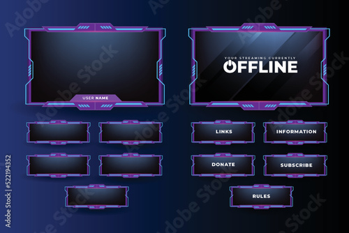 Online game streaming overlay vector for live gamers. Modern offline gaming frame design with colorful buttons. Purple and cyan color live stream screen overlay. Futuristic gaming screen panel vector.