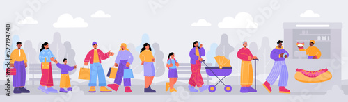 People queue stand at street cafe waiting turn to buy hotdog. Male and female characters, kids and adult persons stand in line at outdoor stall with fast food meals, Linear flat vector illustration