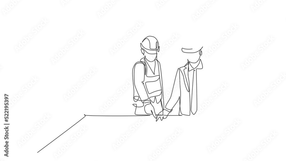 Animation of one line drawing of young architect explaining sketch construction design to the manager. Building architecture business concept. Continuous line self draw animated. Full length motion. Animation of one line drawing of young architect explaining sketch construction design to the manager. Building architecture business concept. Continuous line self draw animated. Full length motion.