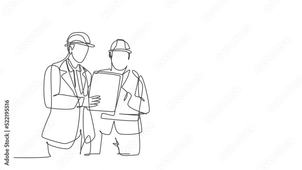 Animated self drawing of continuous line draw managers explaining brief about construction concept to construction builders. Building architecture business concept. Full length single line animation. Animated self drawing of continuous line draw managers explaining brief about construction concept to construction builders. Building architecture business concept. Full length single line animation.