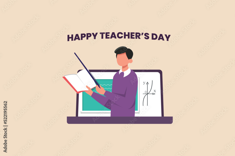 Online male teacher with pointer on computer monitor. Happy teacher's day. International teacher's day concept. Vector illustration.