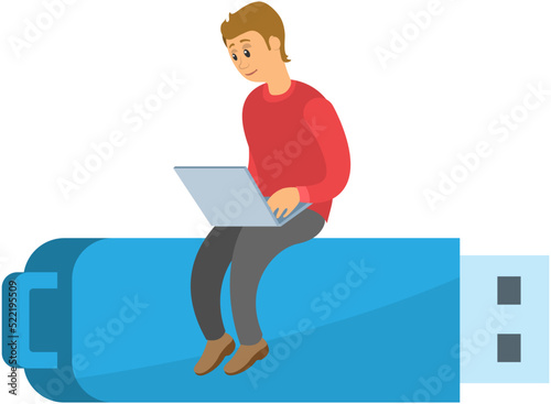 Man with computer sitting on USB flash drive isolated on white. Memory stick sign, data storage device. Modern mobile appliance for storing digital information. Storage equipment using flash memory